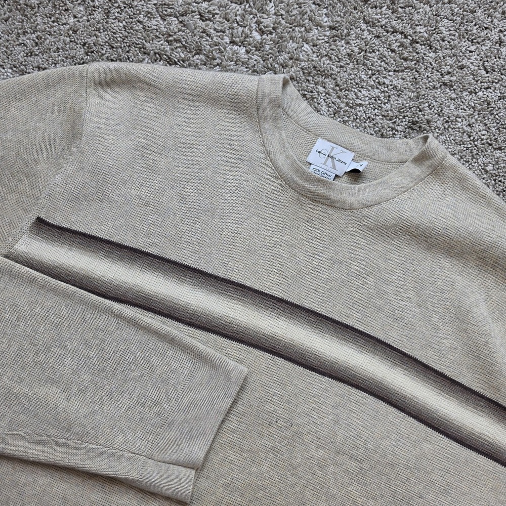 VTG Calvin Klein Jeans Sweater Mens L Beige Striped Crewneck Cotton Pullover *